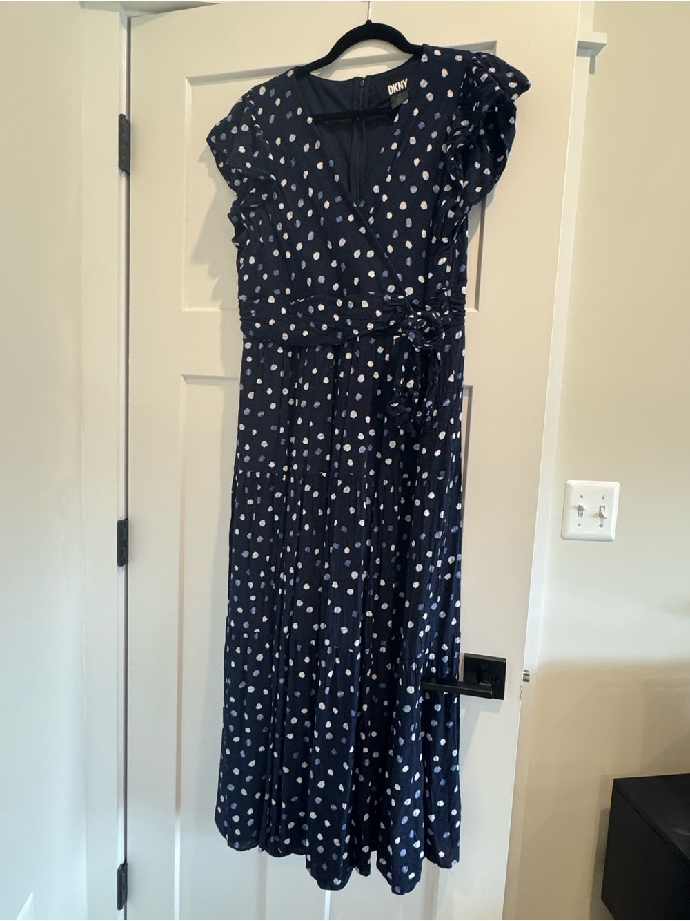 DKNY Navy Blue Midi Dress with White Polka Dots